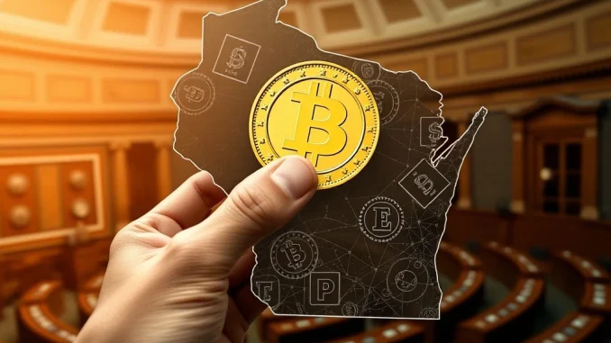 A hand holding a cryptocurrency coin with the Wisconsin state outline in the background, symbolizing the impact of the **Wisconsin crypto bill** on digital asset adoption.