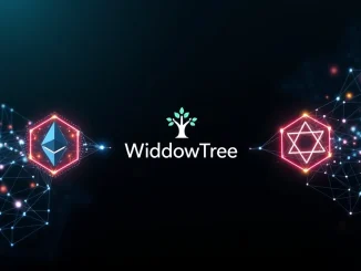 WisdomTree tokenized fund icon on Ethereum and Stellar blockchains, representing new digital investment access.