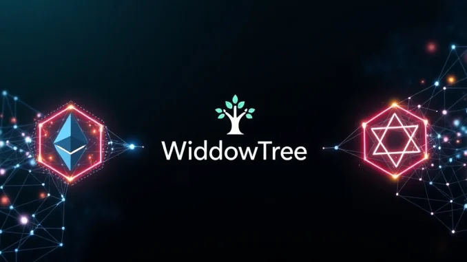 WisdomTree tokenized fund icon on Ethereum and Stellar blockchains, representing new digital investment access.