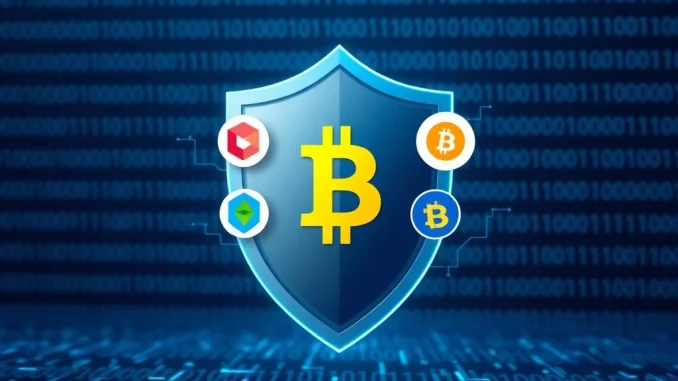 A digital shield icon safeguarding cryptocurrency assets, illustrating WLFI blacklisting efforts for account abuse protection.