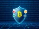 A digital shield icon safeguarding cryptocurrency assets, illustrating WLFI blacklisting efforts for account abuse protection.
