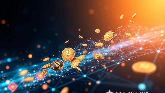 Digital representation of Solana blockchain network with SOL tokens flowing into a liquidity pool, symbolizing the WLFI project's significant Solana liquidity investment.
