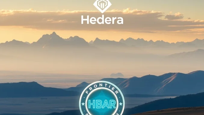 A digital representation of the Wyoming state seal overlaying blockchain elements, symbolizing Hedera's selection for the Wyoming stablecoin.