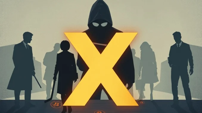 X logo with cryptocurrency symbols, depicting the investigation into X crypto accounts bribery.