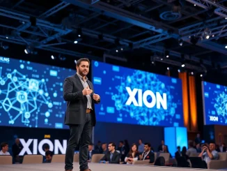 Anthony Anzolone, XION founder, presenting groundbreaking blockchain abstraction solutions at KBW 2025, fostering universal digital ownership.