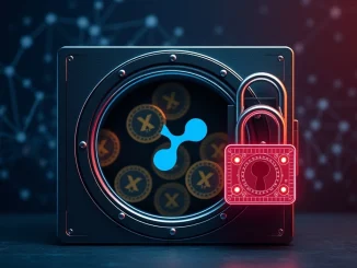A digital padlock securing 300 million XRP coins within a vault, illustrating Ripple's significant XRP escrow activity.