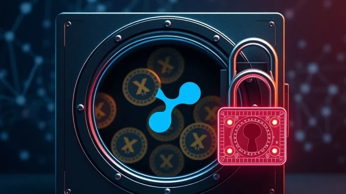 A digital padlock securing 300 million XRP coins within a vault, illustrating Ripple's significant XRP escrow activity.