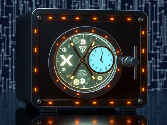 A digital safe with a clock and XRP symbols, representing secure, time-locked XRP escrow on the XRP Ledger.