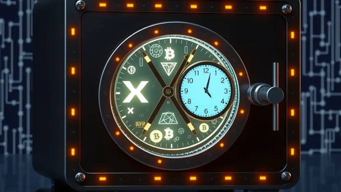 A digital safe with a clock and XRP symbols, representing secure, time-locked XRP escrow on the XRP Ledger.