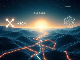 Digital pathways representing XRP News, Cardano ADA, and DeSoc, symbolizing growth and future potential in the crypto market.