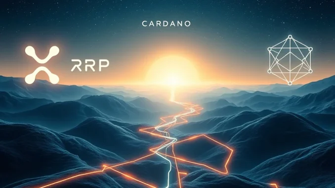 Digital pathways representing XRP News, Cardano ADA, and DeSoc, symbolizing growth and future potential in the crypto market.
