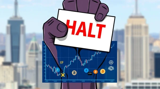 An illustration showing the SEC halting a Bitwise Crypto ETF, highlighting regulatory uncertainty for XRP News and the broader market.