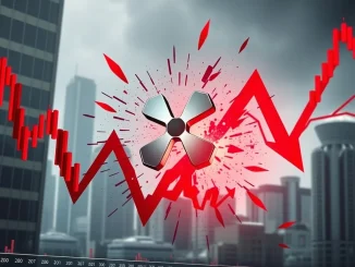 An alarming chart showing a significant XRP price crash, symbolizing the impact of South Korean liquidations on the cryptocurrency market.