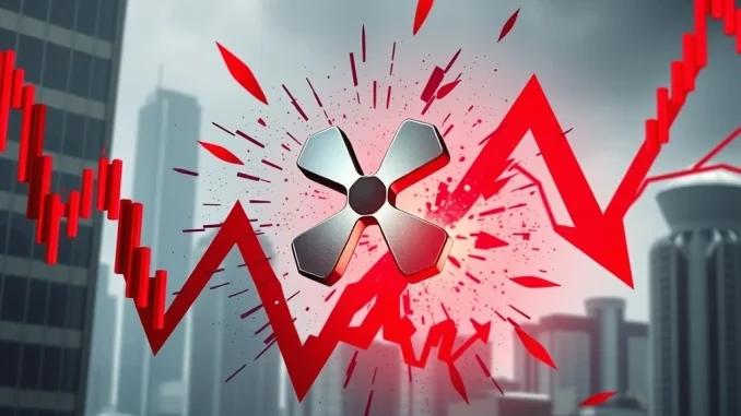 An alarming chart showing a significant XRP price crash, symbolizing the impact of South Korean liquidations on the cryptocurrency market.