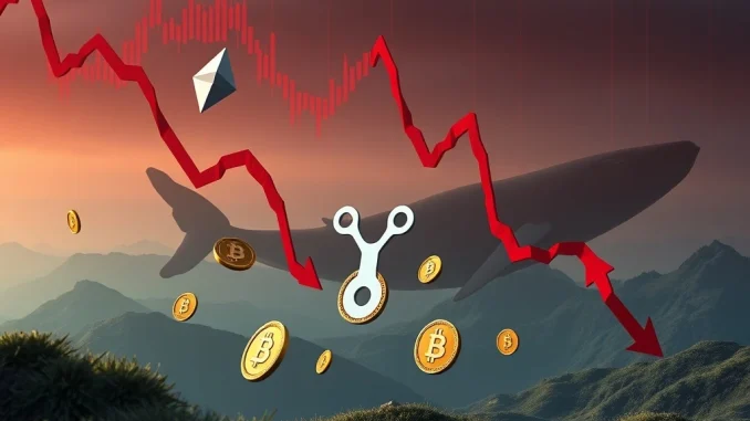 Illustrating the significant XRP price drop and Ethereum liquidations amidst a crypto market sell-off, with charts showing a downturn.