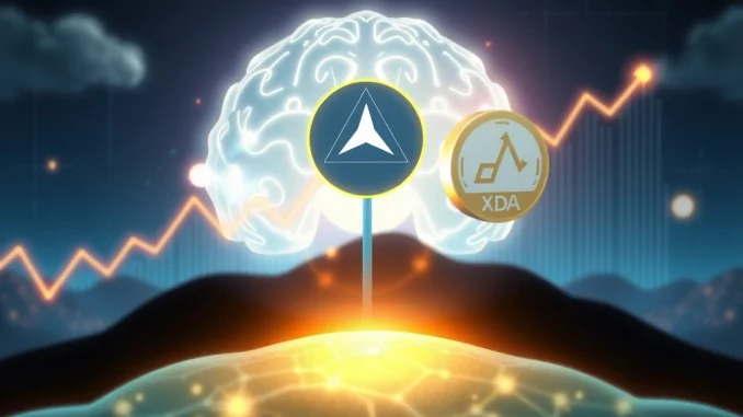 An AI interface projects future crypto prices, highlighting XRP, Cardano ADA, and TOKEN6900, symbolizing Google AI crypto predictions.