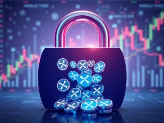 A digital lock opening, releasing 200 million XRP tokens, symbolizing the recent XRP unlocked event and its impact on the market.