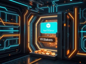 Yearn.finance logo with digital currency flowing into a staking pool, representing enhanced YFI staking rewards and revenue distribution.