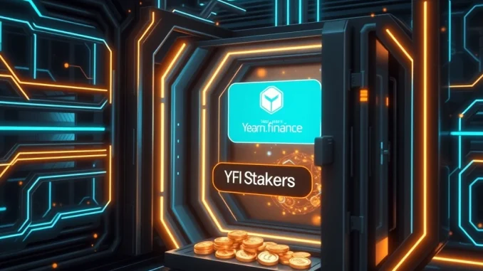 Yearn.finance logo with digital currency flowing into a staking pool, representing enhanced YFI staking rewards and revenue distribution.