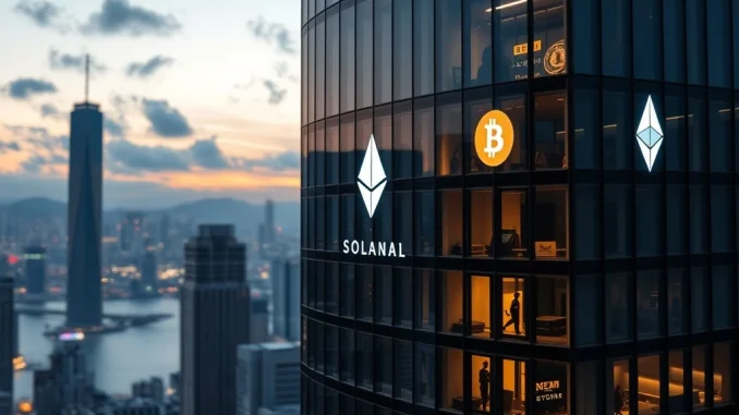 Hong Kong's financial district with crypto symbols, representing Yunfeng Financial's launch of new crypto services.