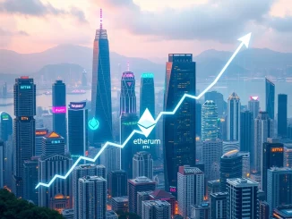 Yunfeng Financial's bold 10,000 ETH purchase depicted with a Hong Kong skyline and Ethereum logos, symbolizing a major crypto investment.