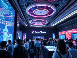 Attendees at the ZetaChain Ecosystem Showcase event interacting with universal dApps, highlighting the future of blockchain interoperability.