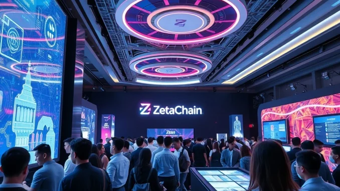 Attendees at the ZetaChain Ecosystem Showcase event interacting with universal dApps, highlighting the future of blockchain interoperability.