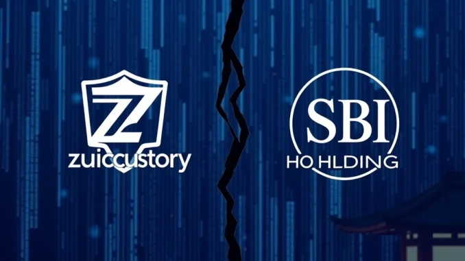 Visualizing Zodia Custody and SBI Holdings' joint venture dissolving, emphasizing their mutual decision to cease crypto custody operations in Japan.