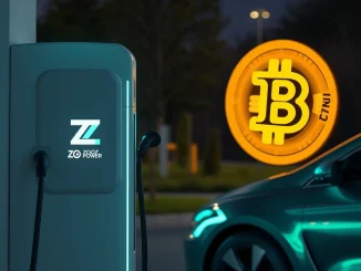 ZOOZ Power's EV charging station, with a Bitcoin logo overlay, symbolizing its $180M investment strategy.
