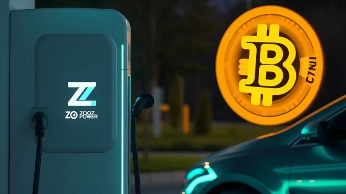ZOOZ Power's EV charging station, with a Bitcoin logo overlay, symbolizing its $180M investment strategy.