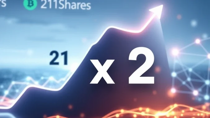 Visualizing 21Shares' new HYPE x2 ETF filing, showing potential leveraged returns on Hyperliquid cryptocurrency.