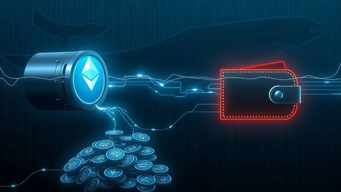 Illustration of a significant 67,000 ETH transfer, depicting digital currency moving between platforms, symbolizing the impact of large whale transactions on the Ethereum ecosystem.
