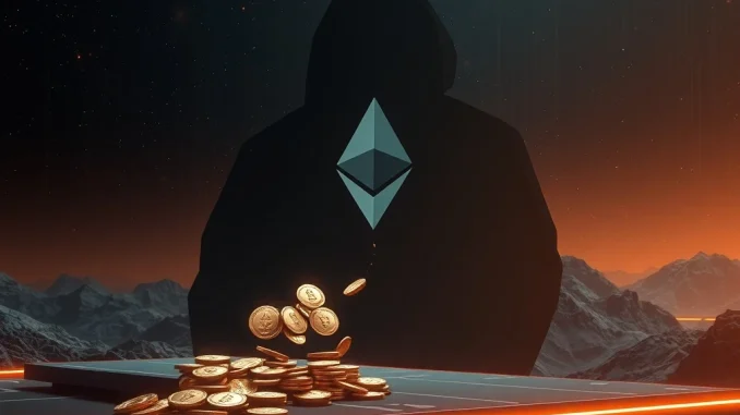 Massive ETH Transfer: 70,000 Ethereum Leaves Deribit for Unknown Wallet Visualizing a significant **ETH transfer** from Deribit, showing 70,000 Ethereum moving to an unknown wallet, representing market activity.