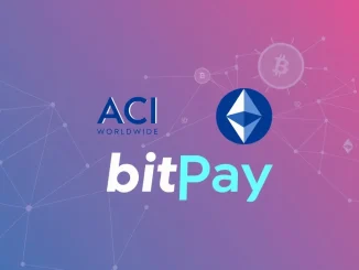 ACI Worldwide and BitPay logos merging, symbolizing their partnership to expand cryptocurrency payment processing globally.