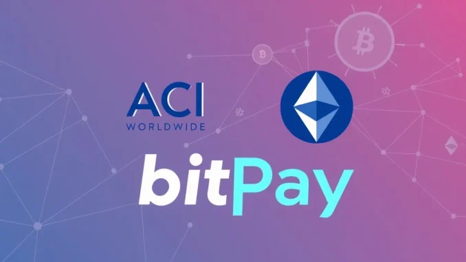 ACI Worldwide and BitPay logos merging, symbolizing their partnership to expand cryptocurrency payment processing globally.