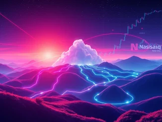 Visualizing Aethir buyback plan with digital currency symbols, a cloud network, and a Nasdaq stock ticker.