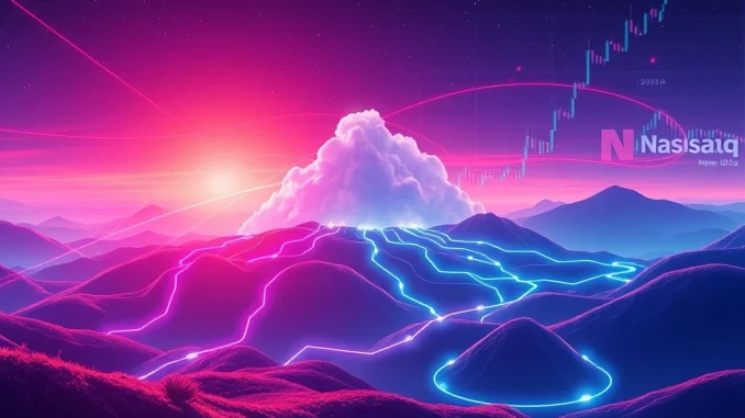 Visualizing Aethir buyback plan with digital currency symbols, a cloud network, and a Nasdaq stock ticker.