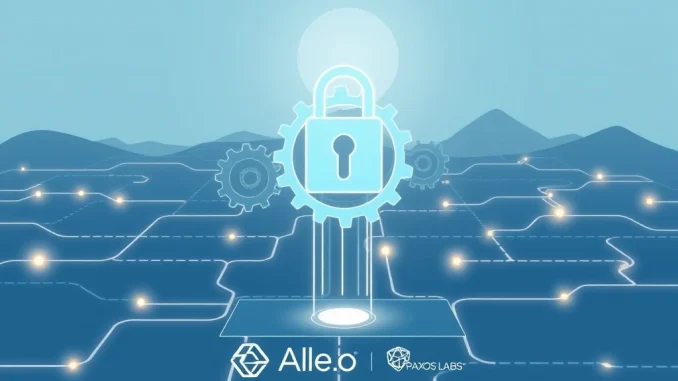 Abstract digital representation of a secure Aleo stablecoin transaction, highlighting privacy and zero-knowledge encryption.
