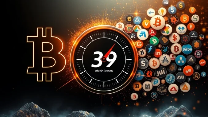 A digital meter showing the Altcoin Season Index at 39, indicating current Bitcoin dominance over altcoin performance.