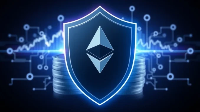 A digital shield protecting crypto assets, symbolizing how crypto insurer Anthea's $22M funding will secure and innovate Ethereum life insurance products.