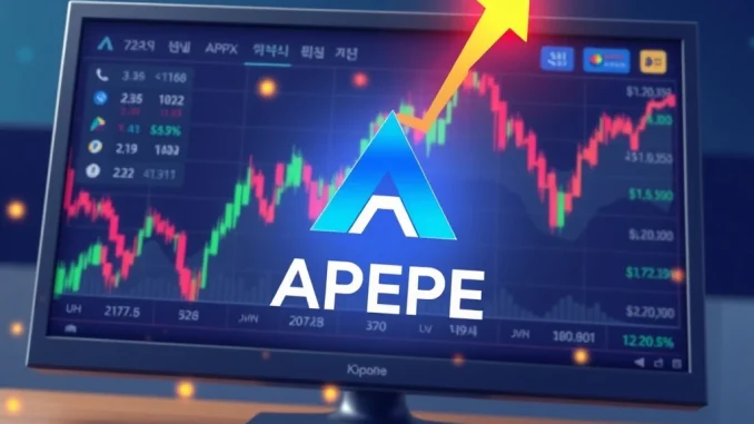 Ape N Pepe (APEPE) token chart dramatically rising on the Coinone exchange, symbolizing significant cryptocurrency gains and high trading volume.