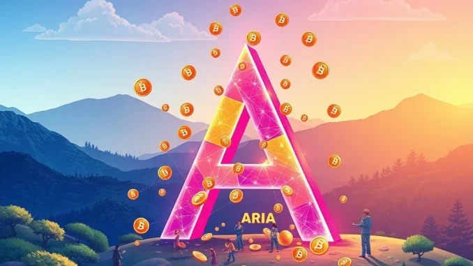 Digital tokens representing ARIAIP flowing into a community, symbolizing the Aria airdrop and empowering the Web3 ecosystem.