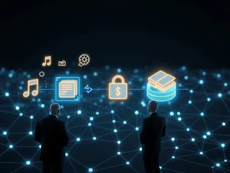 Aria Prime platform facilitating institutional IP tokenization, showcasing digital assets transforming into secure blockchain tokens.