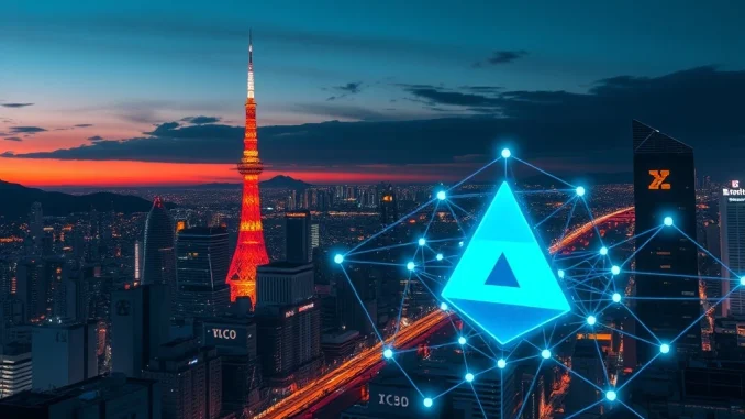 Visualizing TIS's new **Avalanche platform** transforming Japanese payment infrastructure with tokenized assets and stablecoins.