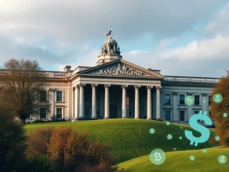 The Bank of England building with overlayed digital currency symbols, representing a significant shift in **stablecoin regulations**.