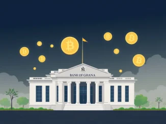 The Bank of Ghana building with digital currency symbols, symbolizing the upcoming crypto regulations and financial oversight.