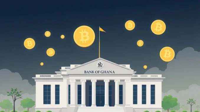 The Bank of Ghana building with digital currency symbols, symbolizing the upcoming crypto regulations and financial oversight.