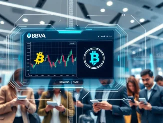 BBVA crypto trading interface on a tablet, showing Bitcoin and Ethereum charts, representing the bank's new service for retail investors.