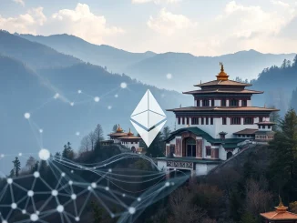 Digital overlay on a Bhutanese landscape representing the nation's bold migration of its national identity system to Ethereum.