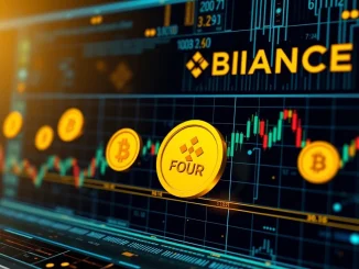 A digital screen showing new FOUR token listings on the Binance Alpha on-chain trading platform, signifying early-stage coin opportunities.